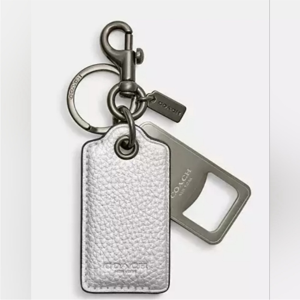 NEW COACH Pebble Leather Keyring/Dog Clip/Bottle Opener In Metallic Silver NWT